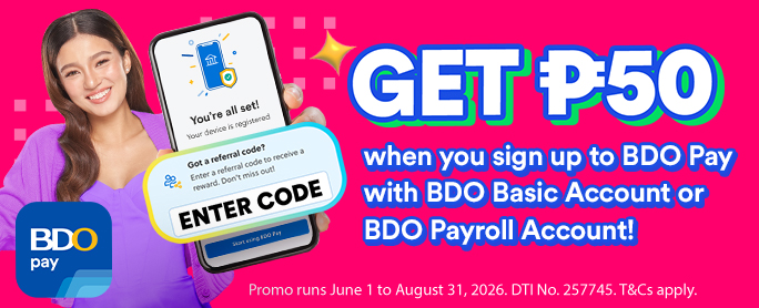 BDO Get P50 when you sign up to BDO Pay with BDO Basic Account or BDO Payroll Account official promo image