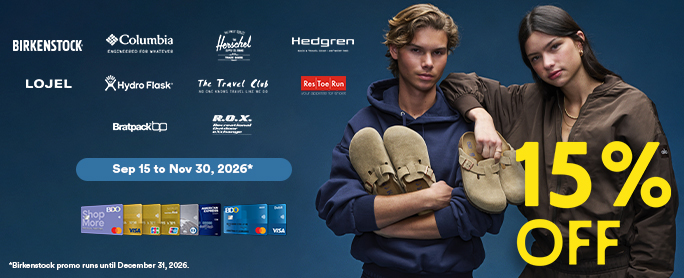 15% OFF at Birkenstock, The Travel Club, Res Toe Run, and more!